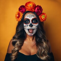 Woman with skull make up and flowers screaming at Dia de los muertos, Mexican holiday of the dead and halloween.