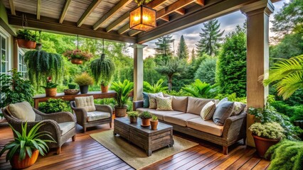 Fototapeta premium Cozy Back Porch With Comfortable Seating, Lush Plants, And A Serene Atmosphere Perfect For Relaxation And Outdoor Living
