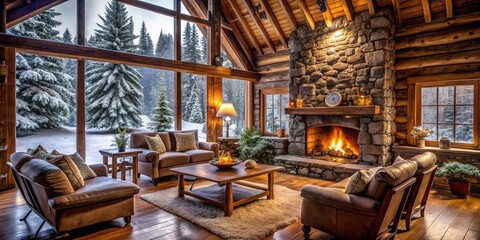 Fototapeta premium Cozy cabin interior featuring a crackling stone fireplace, rustic wooden decorations, and comfortable furnishings, surrounded by snow-covered trees and misty morning light.