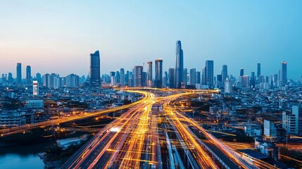 Fototapeta premium Smart urban logistics, digital delivery coordination, city skyline, dusk tones