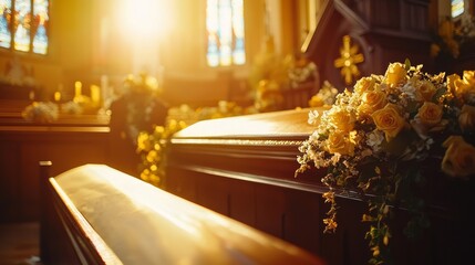 Sunlit funeral ceremony with a wooden coffin surrounded by flowers in church