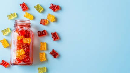 Against a light blue background, a bottle of colorful chewable supplements is surrounded by scattered gummies.