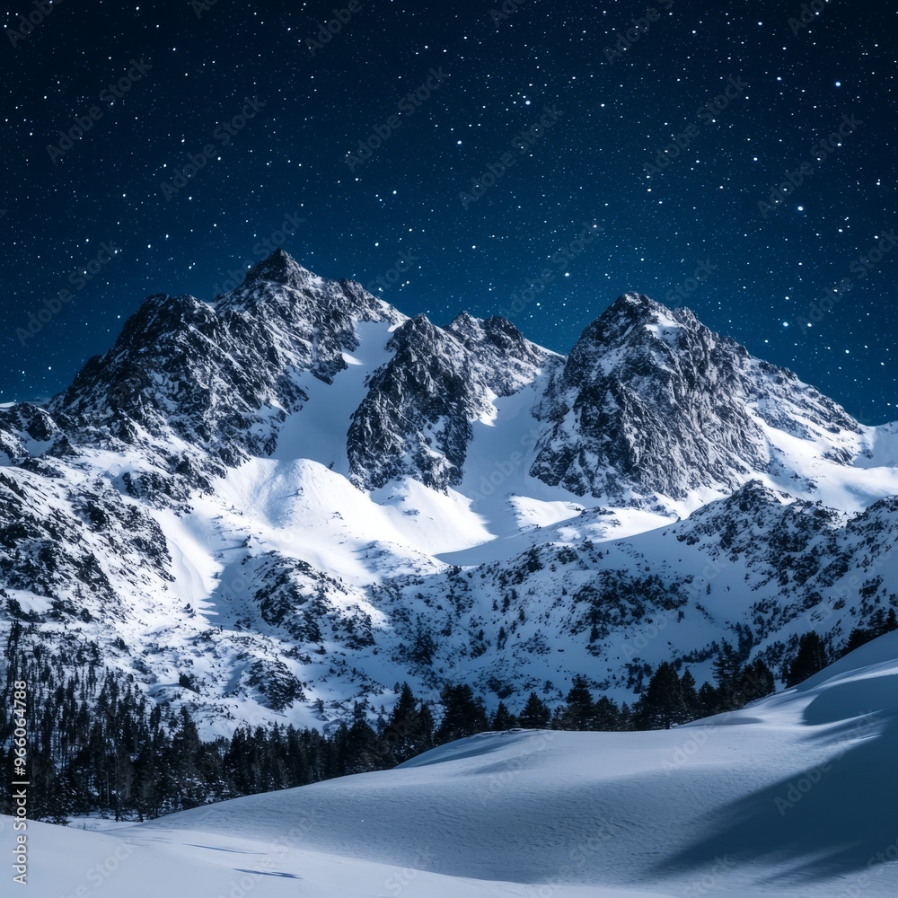 Poster Snow-capped mountains under a starry night sky.