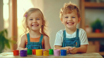 Fototapeta premium Two joyful children smile while playing with colorful playdough in a bright, cheerful indoor setting