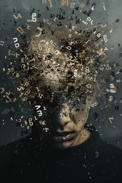 portrait of a human with numbers and letters exploding out of the head