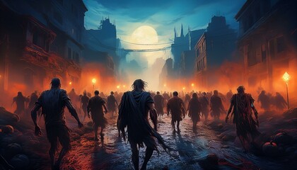 Zombie Horde Walking at Night in Post-Apocalyptic City, Halloween Concept, Horror Illustration with Dark and Eerie Mood and Glowing Embers