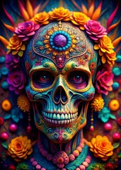 A Creepy and Colourful Portrait of a Skull Ideal for Halloween and Artistic Displays