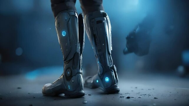 Cyberpunk Legs in Futuristic Boots on Dark City Background
