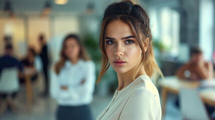 Fototapeta premium A strong businesswoman standing office and blurred group of employees looking, laughing at her. bullying workplace, management conflict, gossiping, Gender Inequality concepts. 