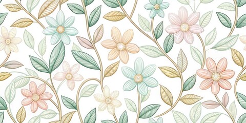 Delicate, intertwined flower stems and leaves in soft pastel hues, intricately crafted in a whimsical vector design, perfect for elegant stationery and gift wrap.