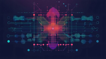 Naklejka premium Abstract neon lines and circles form a futuristic technology pattern.