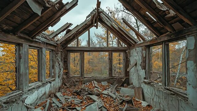 A deteriorating stone home is situated alone in a barren area.
