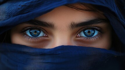 Fototapeta premium Closeup of the sapphire eyes of a girl with her face wrapped in a navy blue scarf generative ai