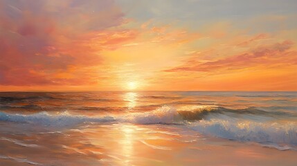Fototapeta premium A tranquil painting of a coastal sunset, where warm hues of orange, pink, and gold blend seamlessly across the sky and reflect off the gentle waves of the sea.