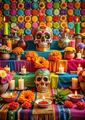 Fototapeta premium Vibrant and Colorful Skull for Day of the Dead Altar Background and Celebration Imagery