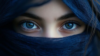 Closeup of the sapphire eyes of a girl with her face wrapped in a navy blue scarf generative ai