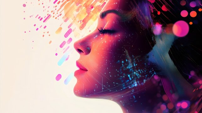 Abstract portrait of a woman with neon lights and digital effects.
