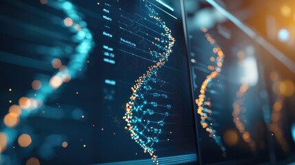 Visual representation of DNA sequences, showcasing vibrant colors and digital elements for scientific and educational purposes.