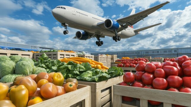 Transport of perishable goods by airplane, symbolizing the flow of fresh vegetables.