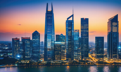 Fototapeta premium The skyline of Shanghai is illuminated by the setting sun, with the city's iconic skyscrapers towering over the Huangpu River