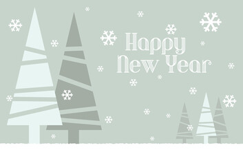 Fototapeta premium New Year greeting with landscape of pine trees in the snow. Greeting card made with an illustration of a winter landscape drawn with simple geometric shapes.