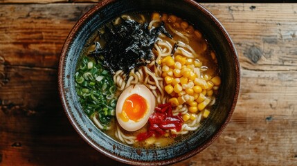 A serving of Japanese ramen with miso broth, corn, seaweed, and a soft-boiled egg, beautifully presented in a ceramic bowl