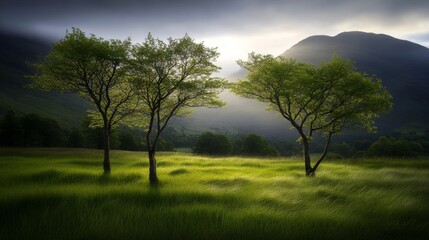 Fototapeta premium The windswept trees in a grassy field symbolically represent resilience.