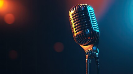 A shiny microphone resting on a classic stand, with soft colored lighting in the background, creating a concert or karaoke vibe on a black backdrop