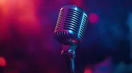 A shiny microphone resting on a classic stand, with soft colored lighting in the background,...