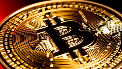 Detailed close-up of a golden bitcoin coin