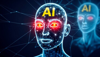 Futuristic AI digital face with glowing eyes