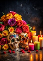 A Captivating Arrangement of Colorful Roses, Skulls, and Candles Perfect for Halloween-Themed Events and Creative Projects