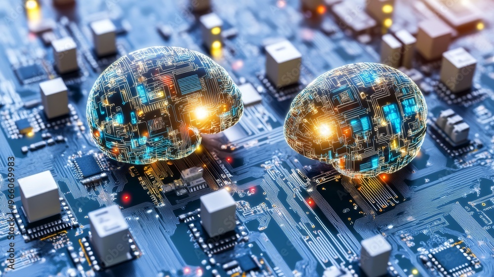 Poster concept of big data and stock market. brain glowing from processor, symbolizing combined human intel