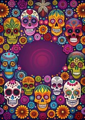 Vibrant Day of the Dead Colorful Skulls Banner Background for Celebratory Use