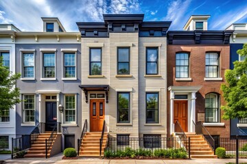 Fototapeta premium Exterior of a newly renovated row house in Washington D.C. with a modern facade, showcasing updated windows, doors, and siding, amidst urban neighborhood revitalization.