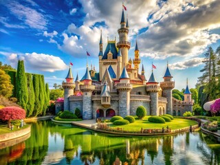Obraz premium Fairytale-inspired majestic castle with towers, turrets, and flags, set amidst lush greenery, sparkling water, and a sunny sky in a popular European theme park.