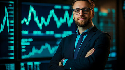 Fototapeta premium Businessman with arms crossed in front of a stock market graph modern portrait investment background analysis