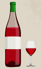 Wine bottle and glass of red wine. Vector illustration isolated on light beige background