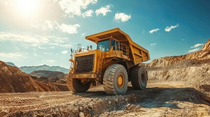Backhoe loading limestone into a large dump truck at an open pit quarry, under bright sunlight, showing industrial mining processes