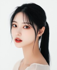 Naklejka premium A woman with long black hair and a ponytail is wearing makeup