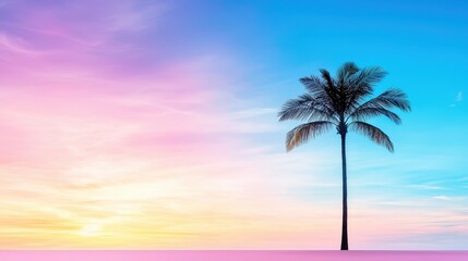 Fototapeta premium Serene Solitude: Palm Tree Silhouetted Against Colorful Summer Sunset Skyline