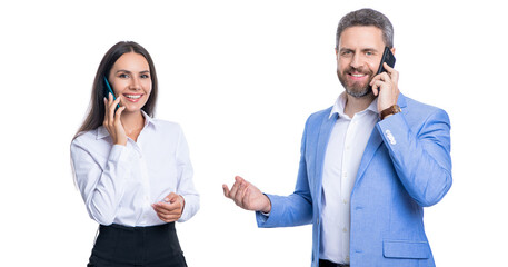 Businesspeople talking on phone isolated on white. Businesspeople using phone for conversation. Business communication in studio. Business negotiation call. Phone call to colleague