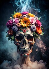 Stylish Day of the Dead Skull Adorned with Colorful Flowers for Cultural Celebrations and Artistic Displays
