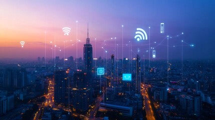 Fototapeta premium An aerial view of a city skyline with glowing wifi and mobile phone icons in the sky at dusk.