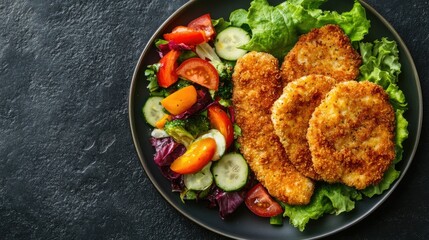 Fototapeta premium Flat lay of golden chicken schnitzel paired with a colorful vegetable salad, placed on a plate over a dark textured surface. Perfect for food and dining themes