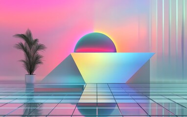 A vibrant, futuristic scene featuring a geometric structure, a glowing orb, and a potted plant against a colorful backdrop.