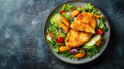 Flat lay of golden chicken schnitzel paired with a colorful vegetable salad, placed on a plate over a dark textured surface. Perfect for food and dining themes