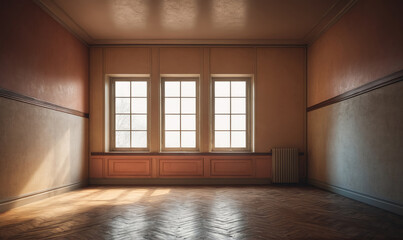 Sunlight streams through three large windows in an empty room