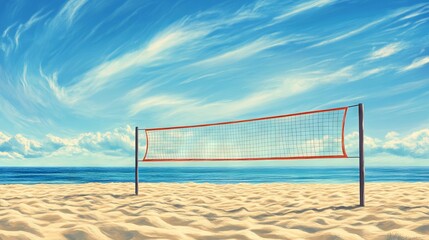 Beach Volleyball Court with Blue Sky and Sea Background - AI generated illustration