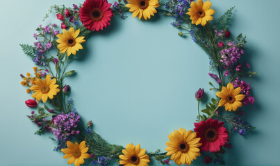 Obraz premium A colorful wreath of flowers on a blue background